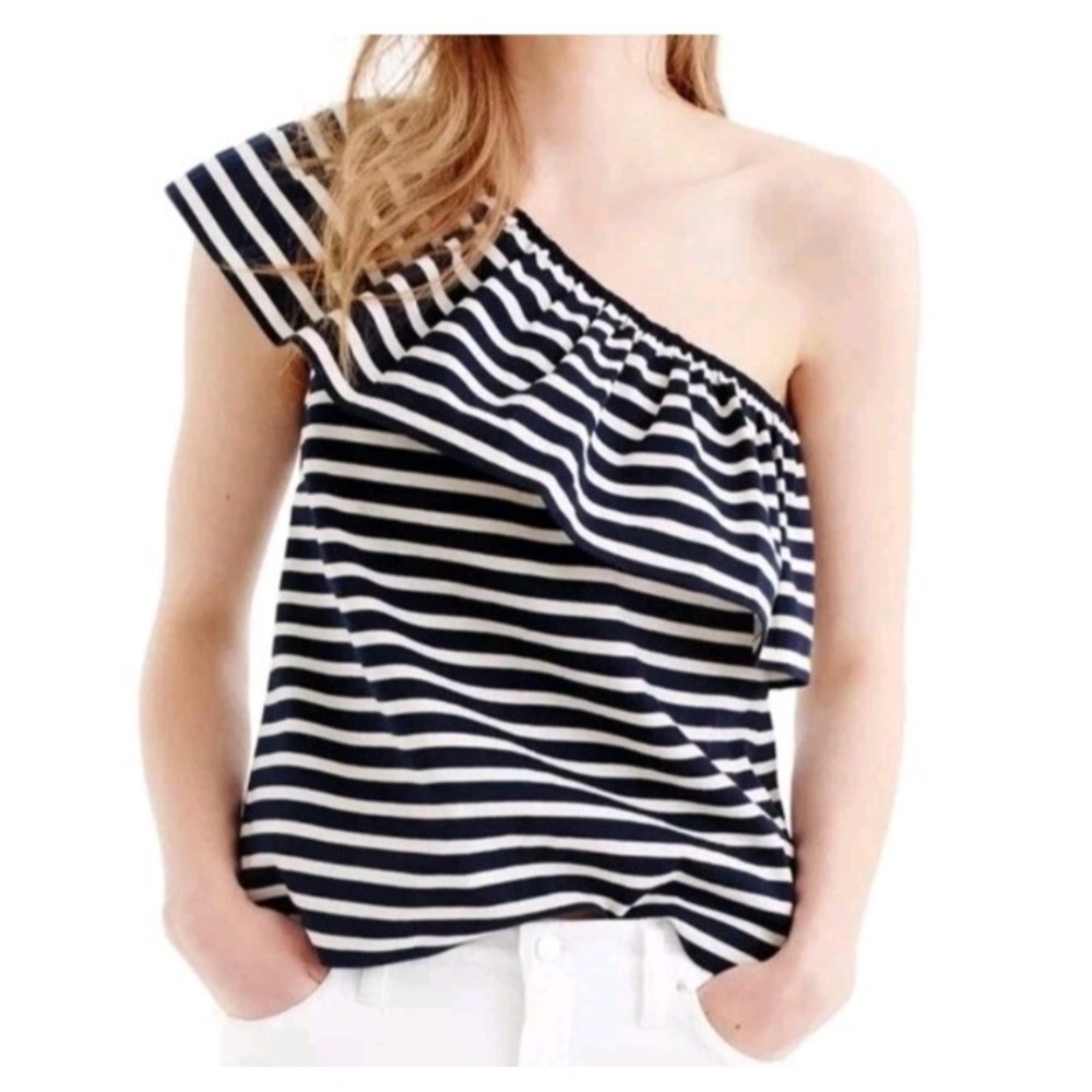 J.Crew Womens Navy White Striped Ruffle‎ One Shoulder Top Size M Asymmetrical